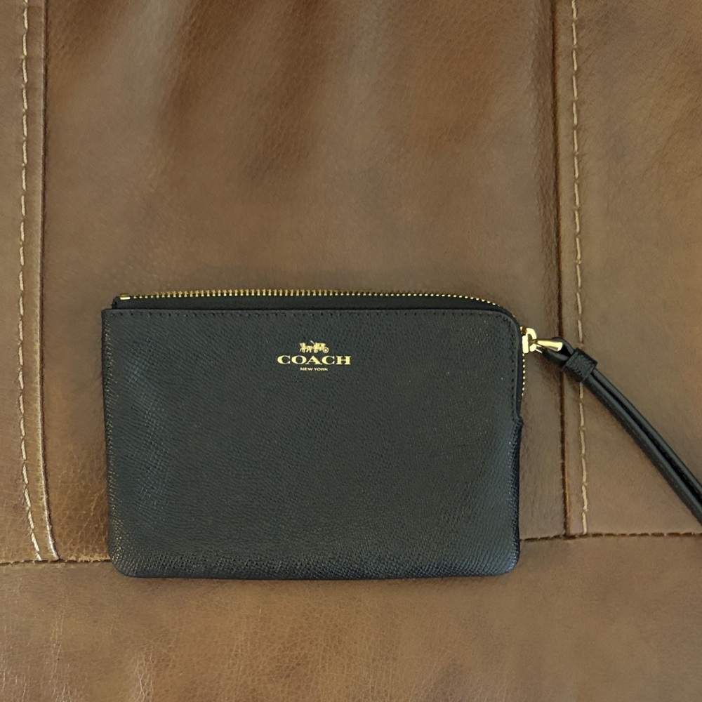 Coach Black Leather Wristlet with Gold‎ Details